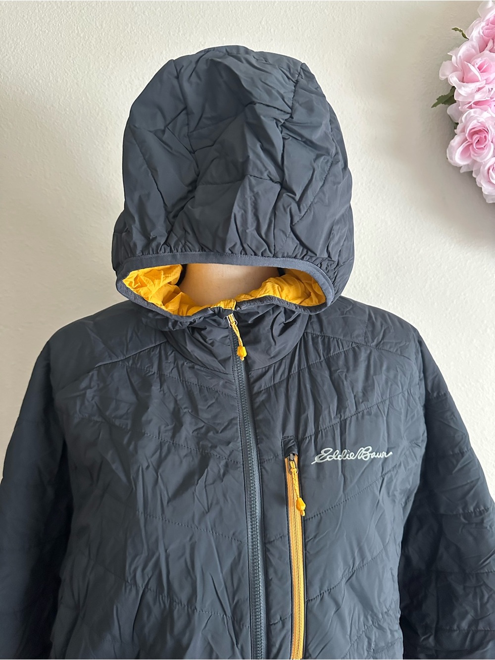Eddie Bauer Hooded Packable Jacket - Black with Yellow Trim